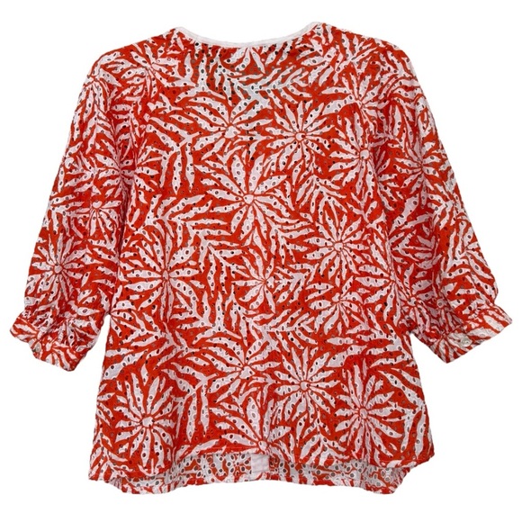 Foil Tropical Perforated Eyelet Blouse Size 4 Orange White Cotton - Picture 3 of 7